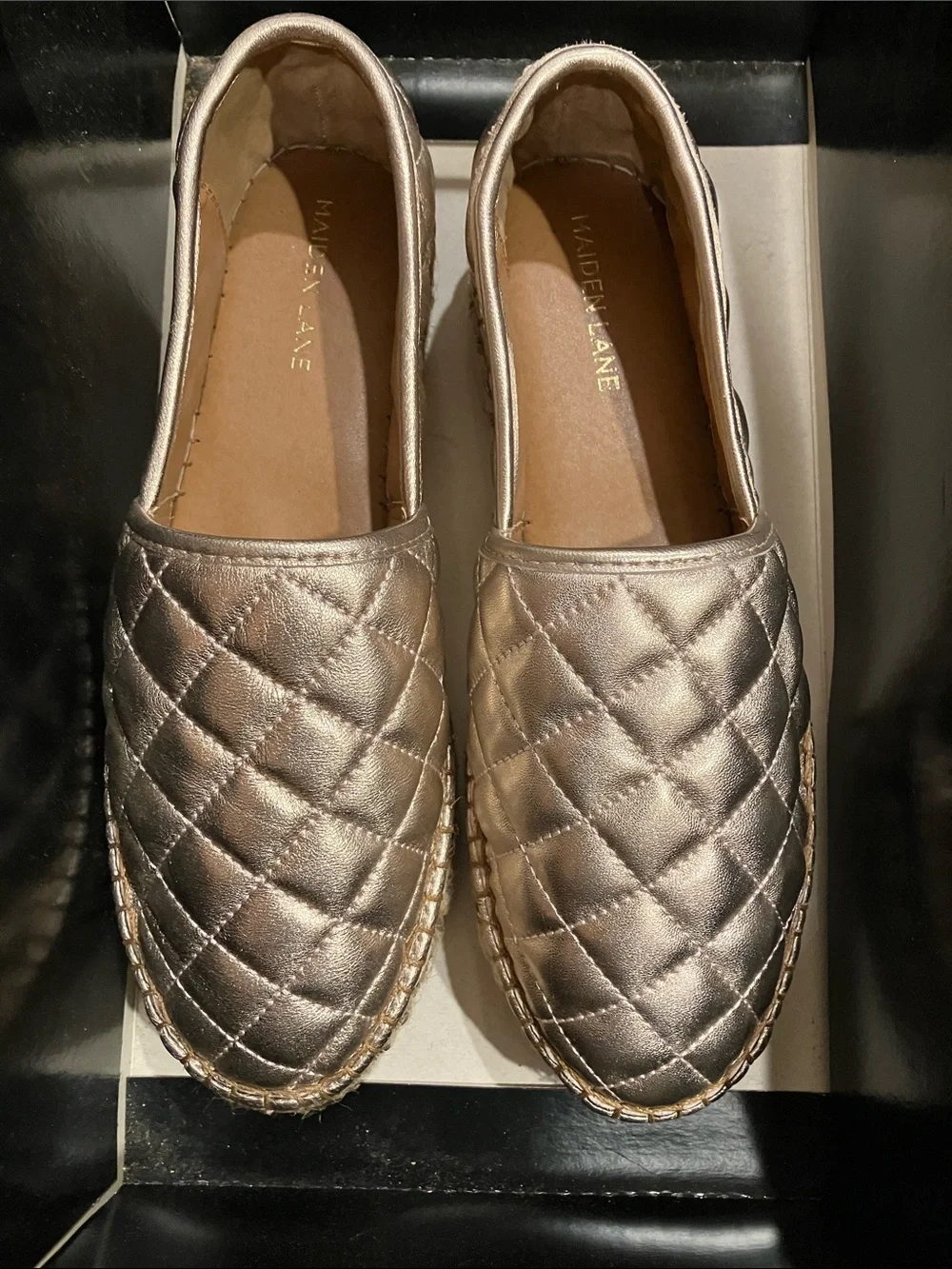 Quilted Metallic Espadrille Slip-Ons in Rose Gold